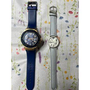 Guess Mens Gold-Tone Blue Silicone Watch & Timex Womens Silver Mesh Watch Bundle